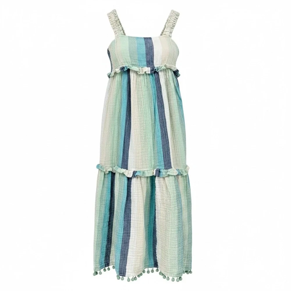 Haute Hippie Kids Dress Girls Size 8 Gauze Blue Green Striped Tiered Pom